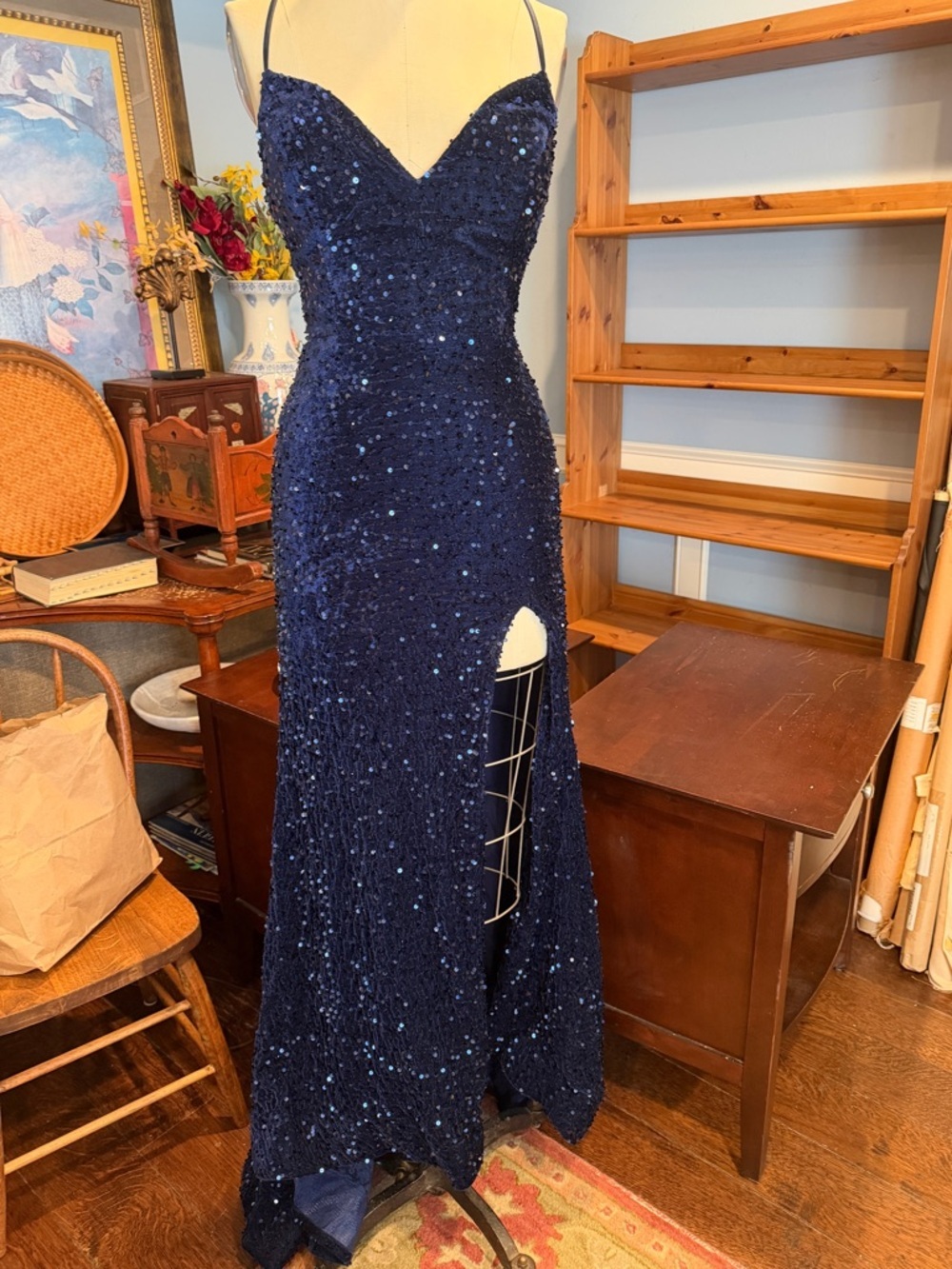 Navy Sequin Spaghetti Strap Backless Formal Evening Dress